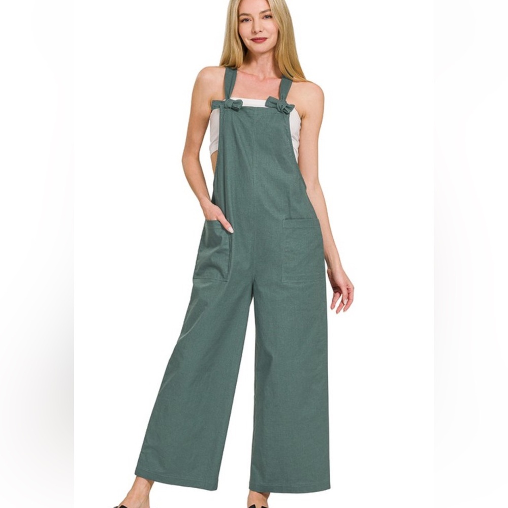 NWT Zenana Woven Stretchy Knot Tie Green Overalls